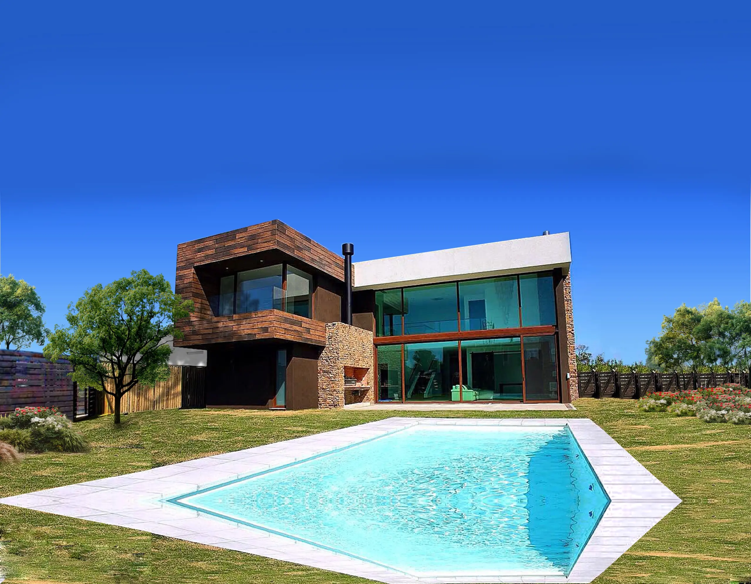 A modern two level home with large glass windows and a swimming pool in front