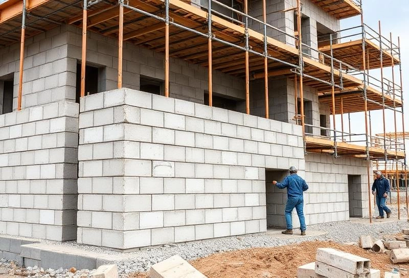 Aerial view of a concrete block structure under construction.