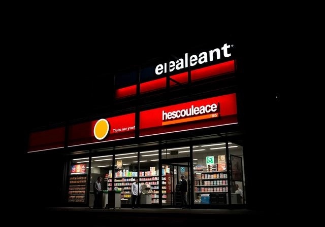 Night view of a convenience store with illuminated signage.