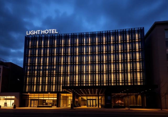 Modern commercial hotel building at night with exterior lights.