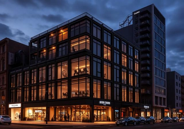 Modern mixed-use commercial building with glass walls at night.