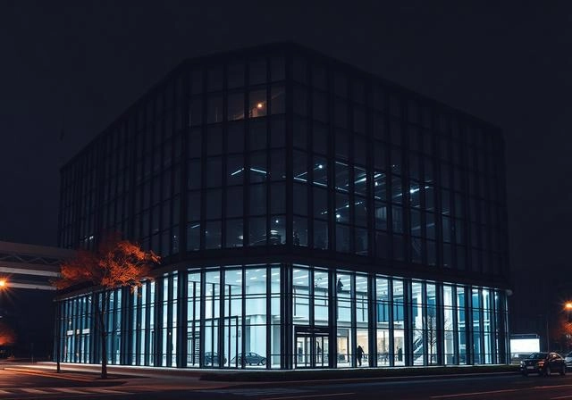 Modern glass office building lit at night.