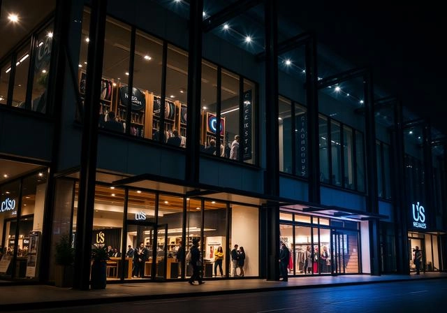 Retail building with large glass windows and shoppers at night.