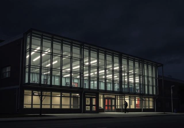 Modern school or institutional building with glass facade at night.