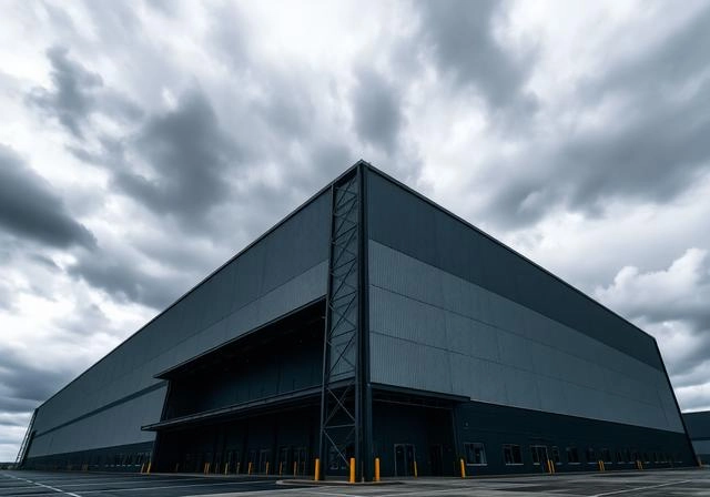 Large industrial warehouse building under cloudy sky.