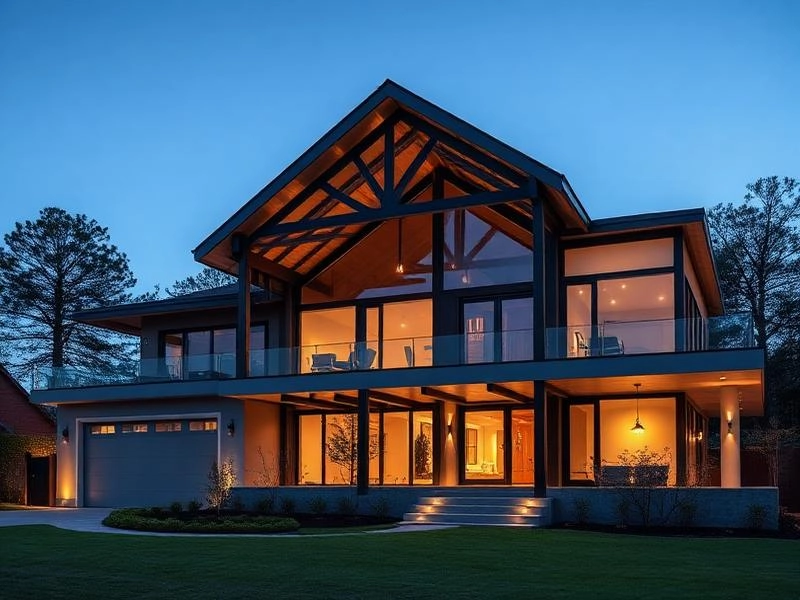 Modern custom home with large glass windows and warm lighting at dusk.