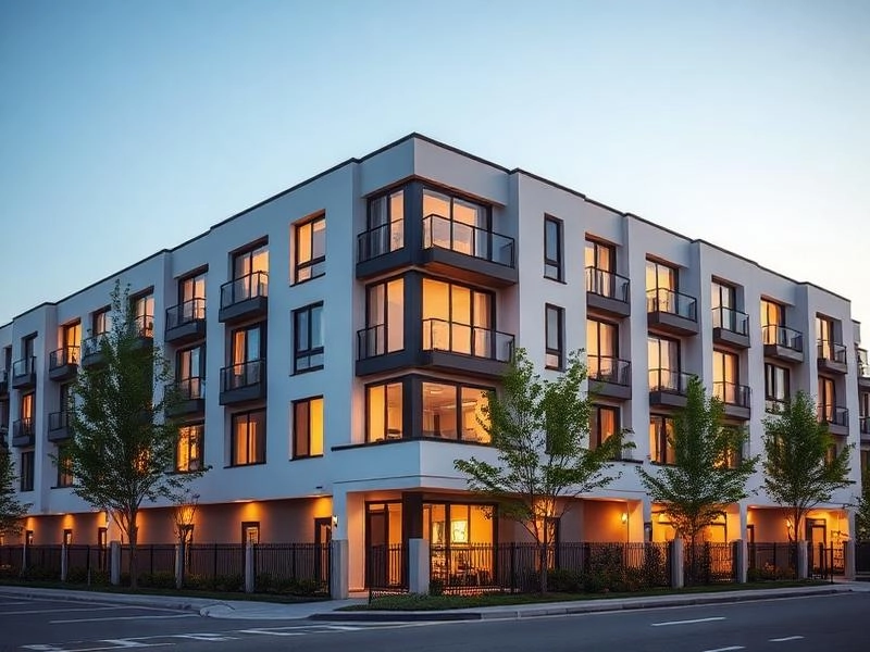 Modern multifamily residential building with warm interior lighting at sunset.