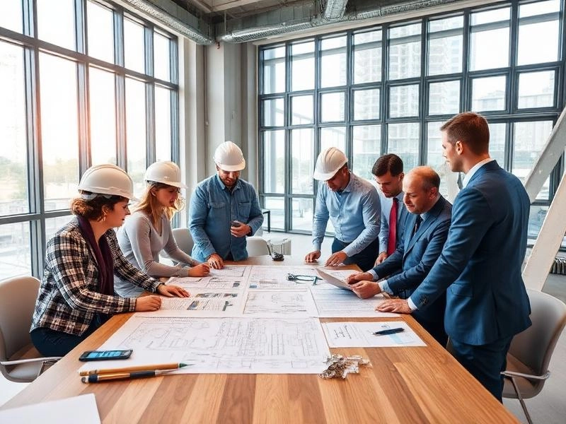 Engineers and project managers reviewing construction plans at a meeting table.