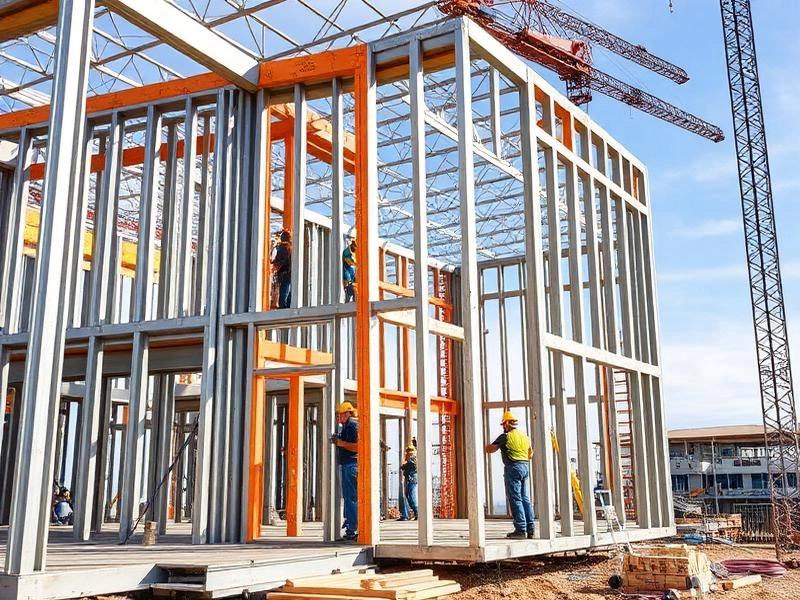 Workers assembling a steel framing structure at a construction site.